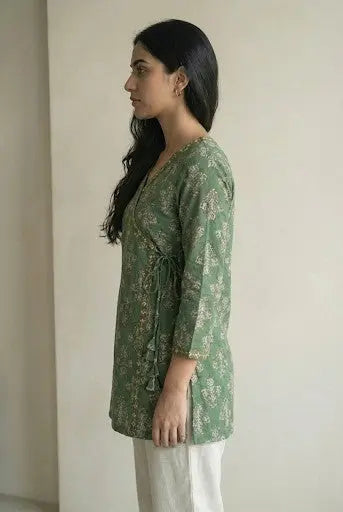 Green floral wrap tie short kurti – Kalyanja.